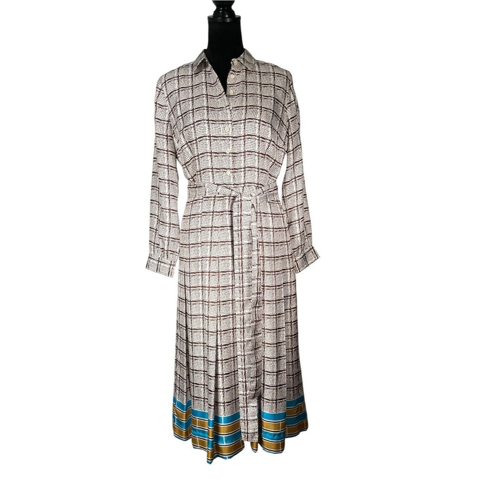 J. Crew Collection Silk Shirt Dress Cream Brown Blue Plaid Midi Old Money Preppy